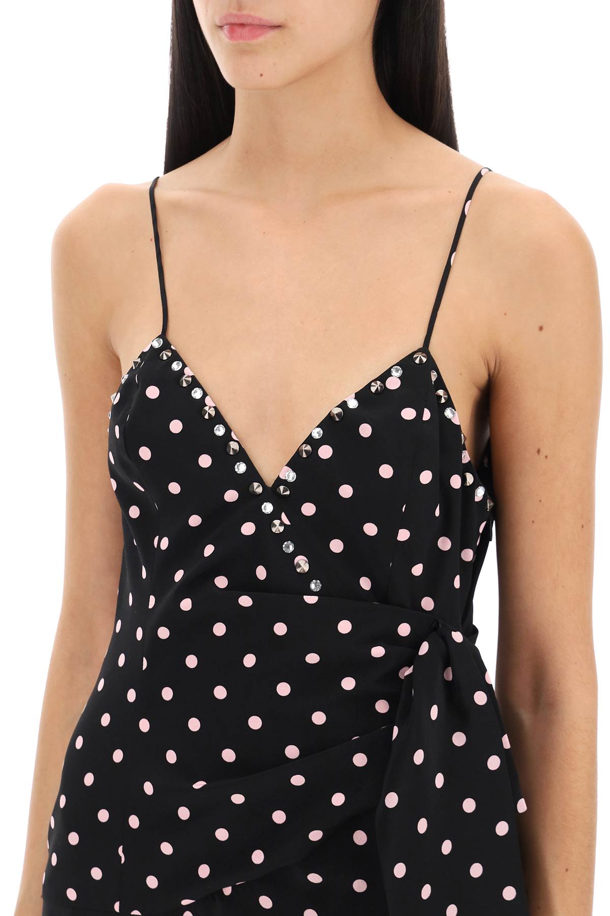 Shop Alessandra Rich Polka Dot Slip Dress With Studs And Rhinestones In Black, Pink