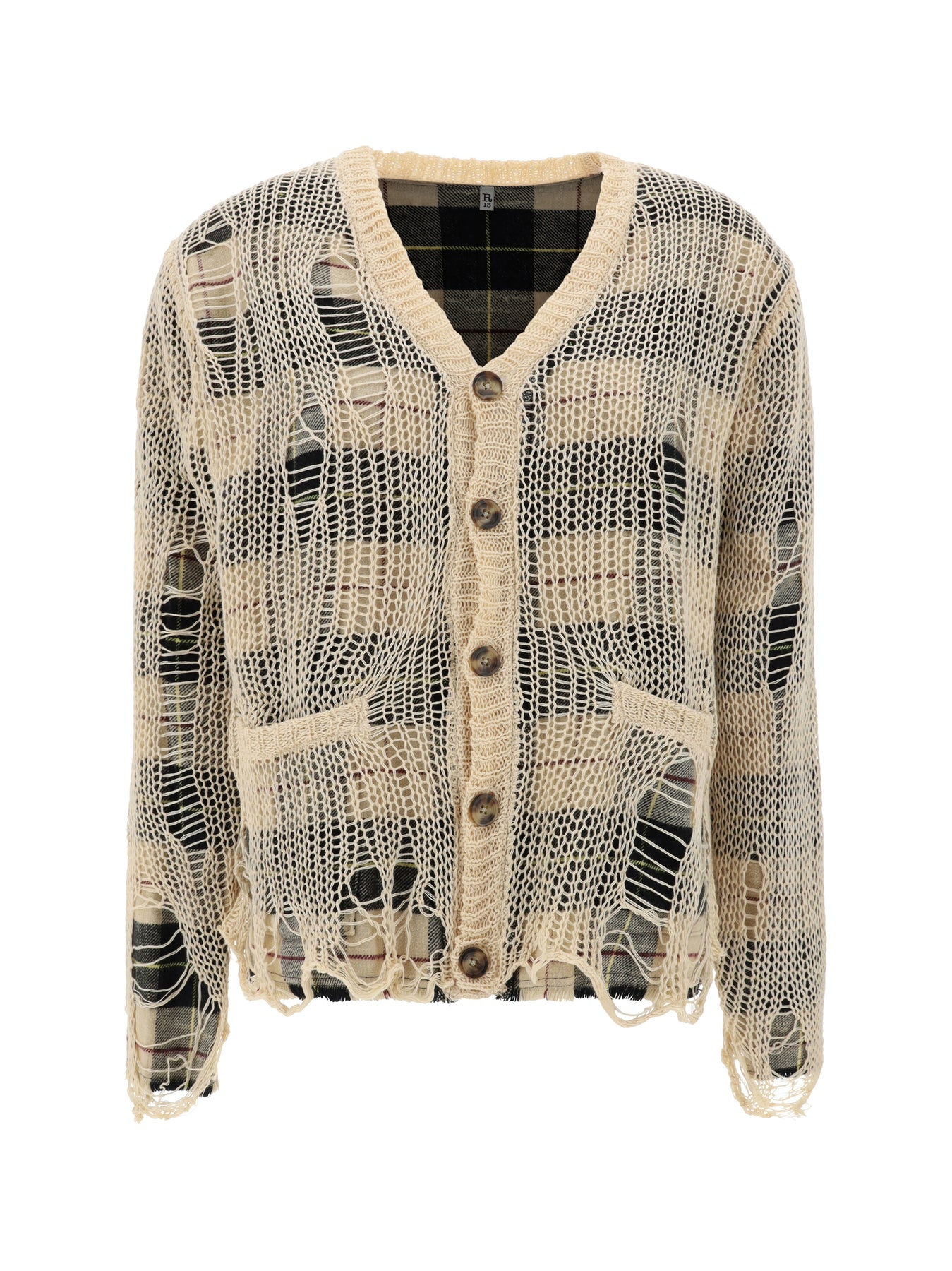 Shop R13 Overlay Distressed Relaxed Cardigan In Cream On Ecru/maroon Plaid