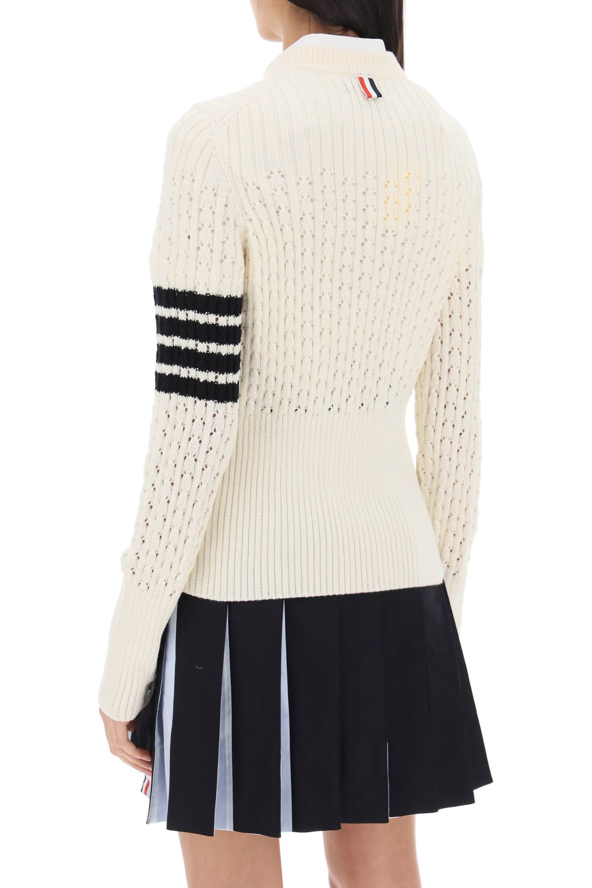 Shop Thom Browne Pointelle Stitch Merino Wool 4 Bar Sweater In White
