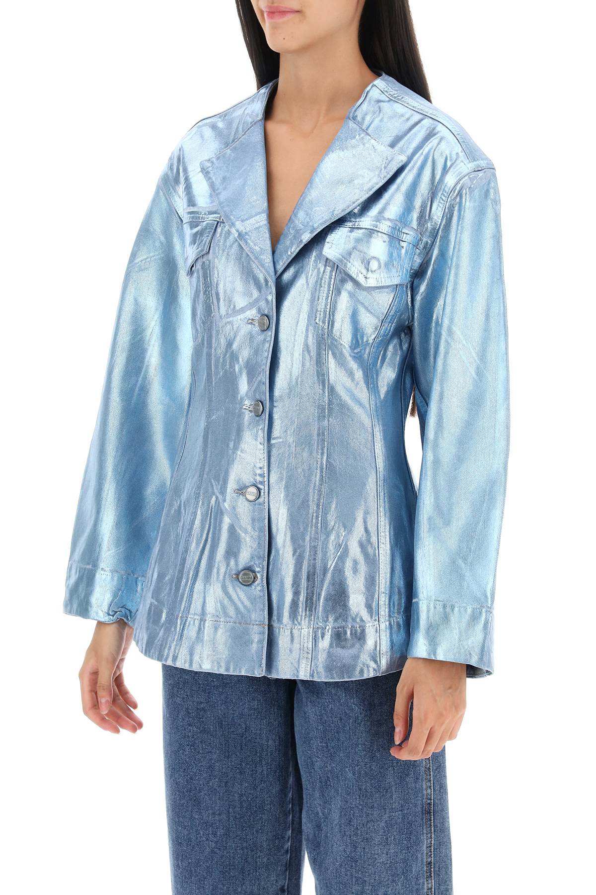 Shop Ganni Foil Denim Jacket In Light Blue, Metallic