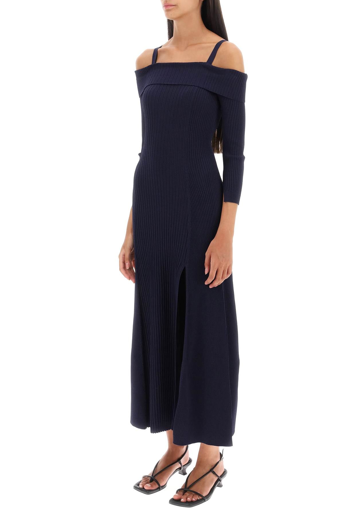 Shop Ganni Long Knitted Off The Shoulder Dress In Blue