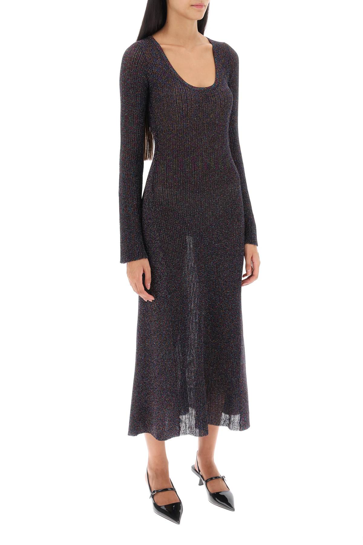 Shop Ganni Lurex Knit Midi Dress In Metallic, Black