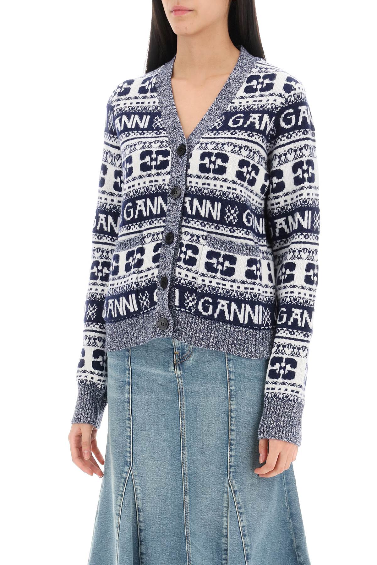 Shop Ganni Jacquard Wool Cardigan With Logo Pattern In White, Blue