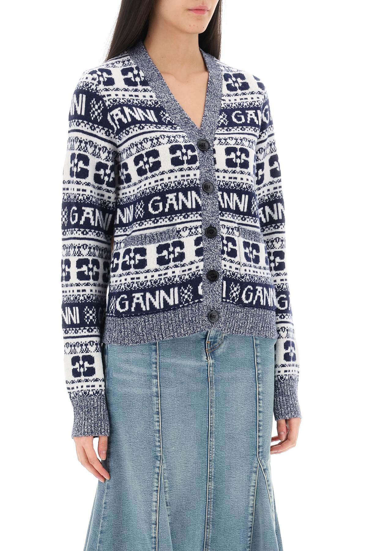 Shop Ganni Jacquard Wool Cardigan With Logo Pattern In White, Blue