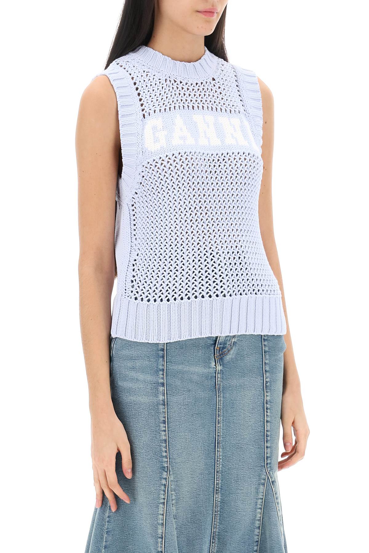 Shop Ganni Open Stitch Knitted Vest With Logo In Light Blue
