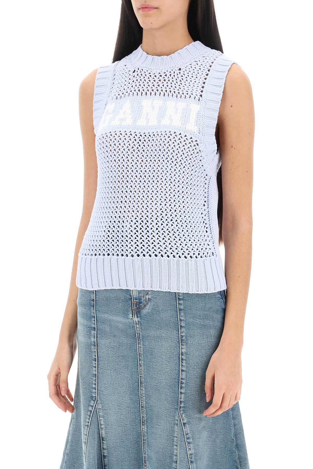Shop Ganni Open Stitch Knitted Vest With Logo In Light Blue