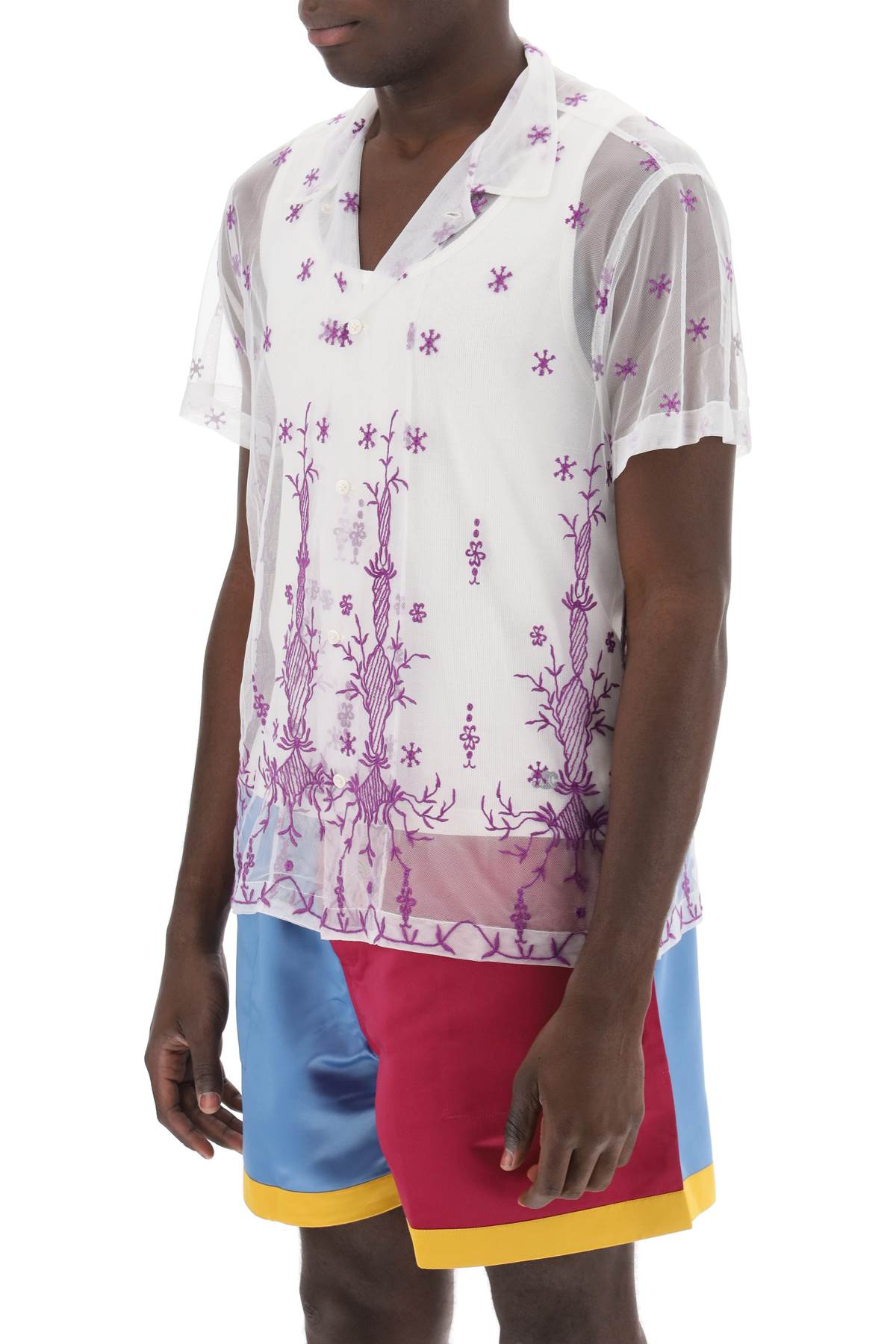 Shop Bode Lavandula Bowling Shirt In Embroidered Tulle In White, Purple