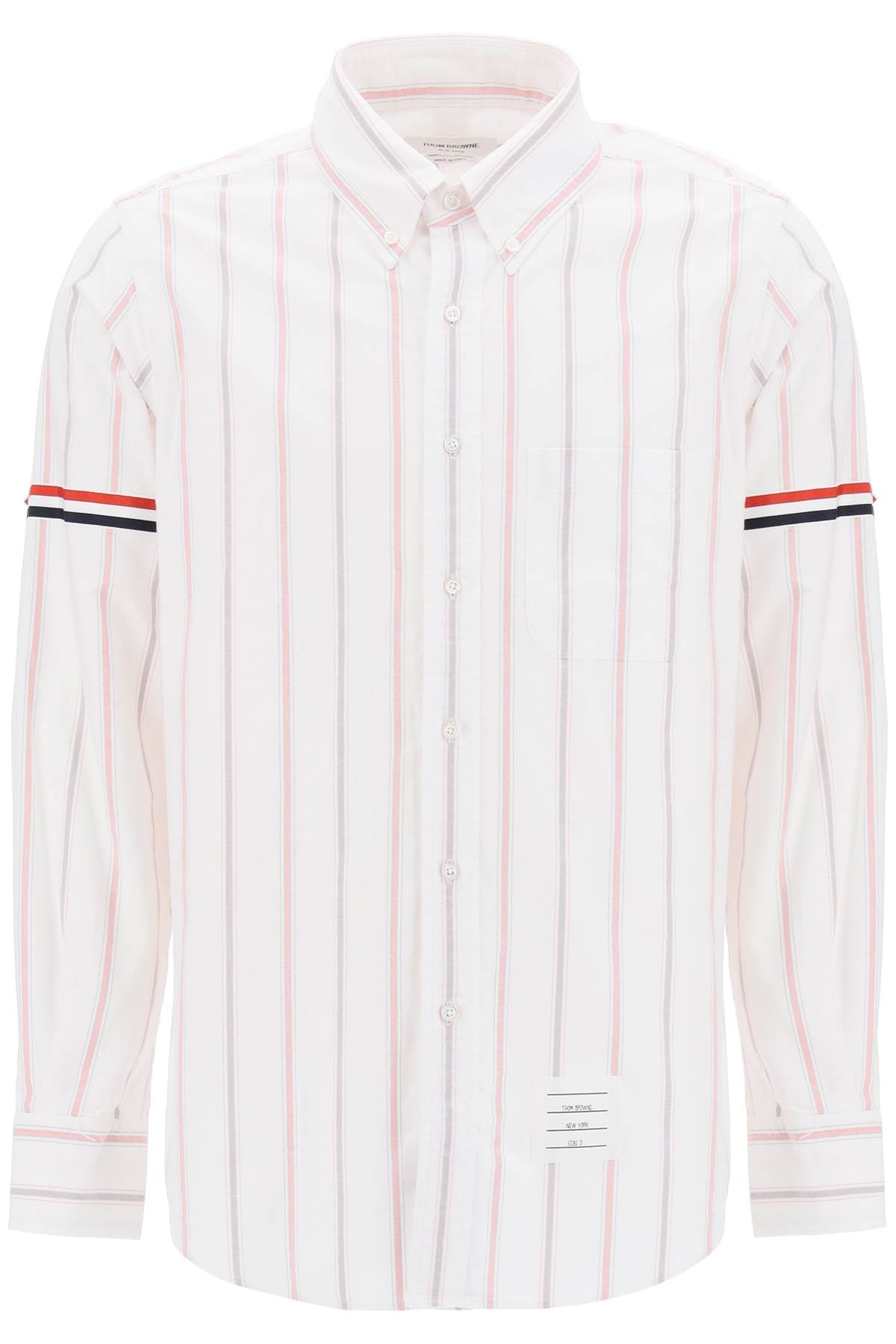THOM BROWNE STRIPED OXFORD BUTTON DOWN SHIRT WITH ARMBANDS