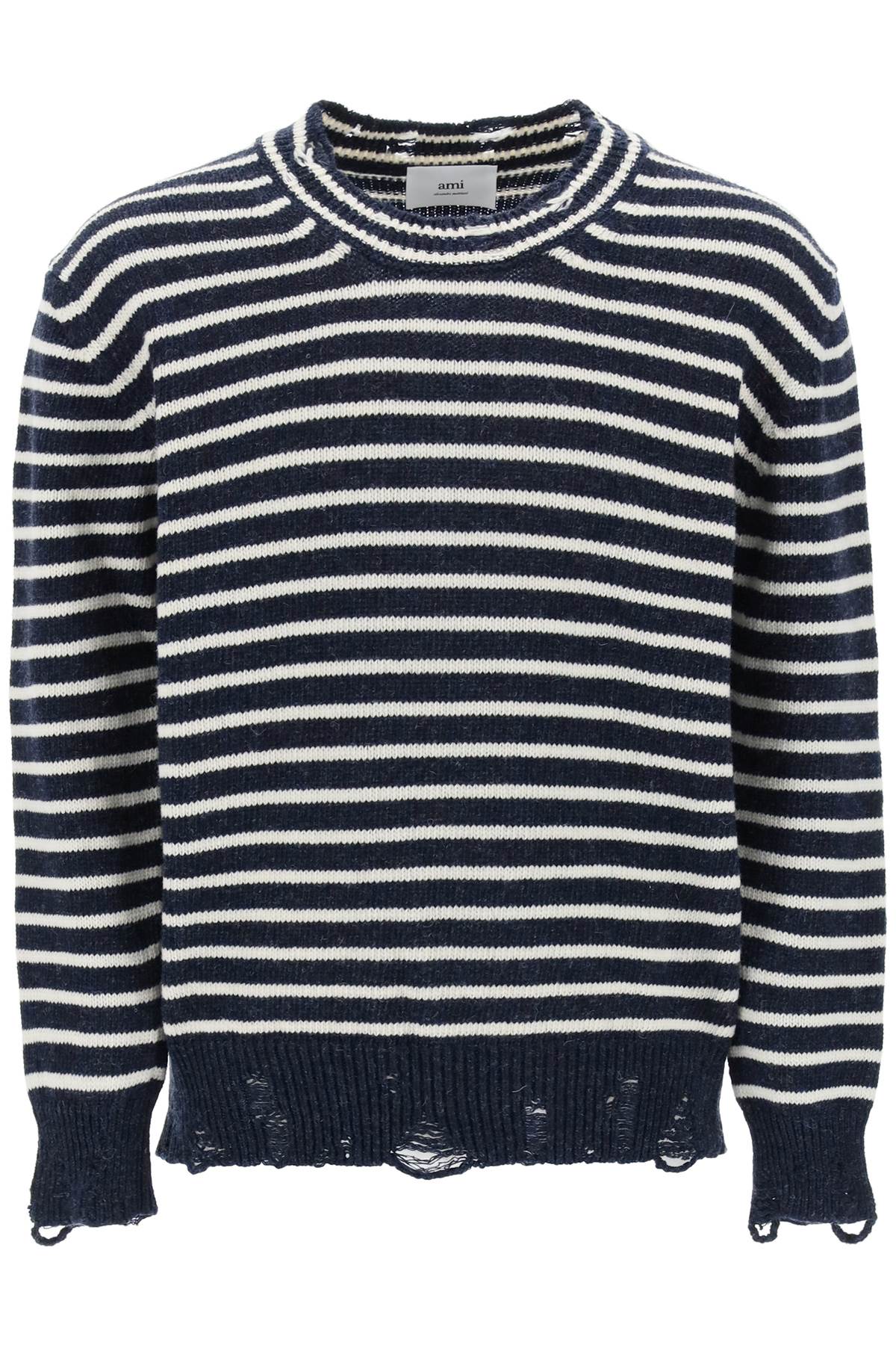 AMI ALEXANDRE MATTIUSSI STRIPED SWEATER WITH DESTROYED DETAILING